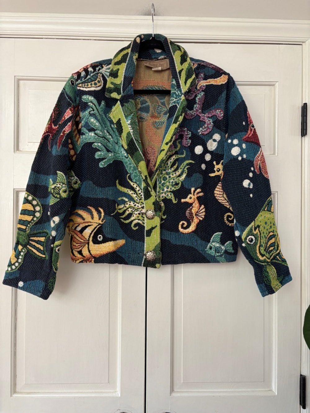 VTG Painted Pony Vintage Tropical Ocean Tapestry Jacket Wearabl Art Artsy Cotton